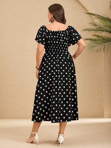 Image of Plus Size Maxi Dress Off The Shoulder Ruffle Smocked Wedding Guest Cocktail Slit Hem Flowy Dresses for Curvy Women