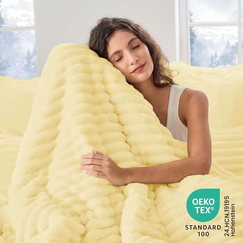 Image of Sasttie California King Comforter Set 3 Pieces - Super Soft Fleece Comforters Cal King Size, 1 Luxury Warm Fuzzy Marshmallow Cali King Comforter with 2 Pillow Cases, Faux Fur Bedding Set, Light Yellow
