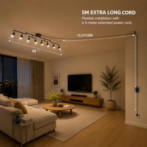 Image of Dimmable Plug in Track Lighting,Plug in Ceiling Light Fixture,Black 8 Light Track Light with 16.4' Long Cord,Dimming Switch,8 Way Ceiling Spotlight,Rotatable,LED Bulbs Included