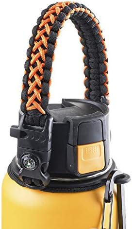 WaterFit Paracord Carrier Strap Cord with Safety Ring and Carabiner for 12-Ounce to 64-Ounce Wide Mouth Water Bottles, Orange/Compass