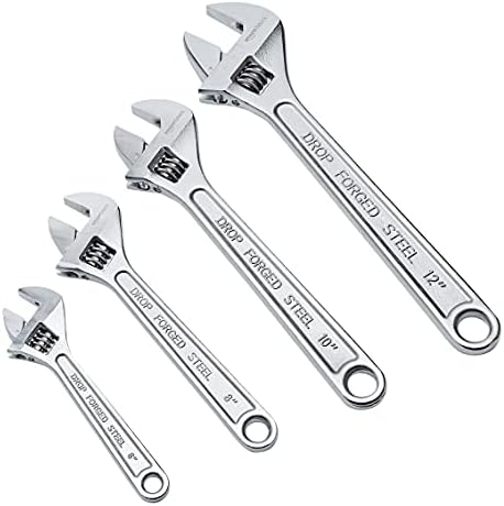 Amazon Basics 4-Piece Chrome-Plated Adjustable Wrench with Inch/Metric Scale, Includes: 6-Inch (152mm), 8-Inch (203mm), 10-Inch (254mm), 12-Inch (305mm)