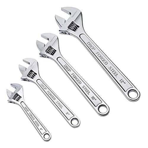 Amazon Basics - Llave ajustable cromada de 4 piezas con escala en pulgadas / métrica, incluye: 6 pulgadas (150 mm), 8 pulgadas (200 mm), 10 pulgadas (250 mm), 12 pulgadas (300 mm)