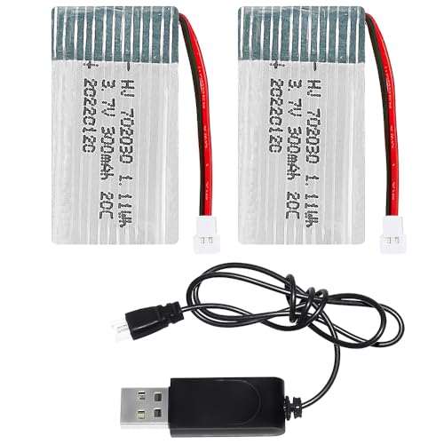 SKIKHN Paquete de 2 Baterías LiPo de 3,7 V y 300 mAh, Recargables de Polímero de Litio para Aviones, Coches, helicópteros, cuadricópteros y Juguetes de radiocontrol (Conector XH2.54)