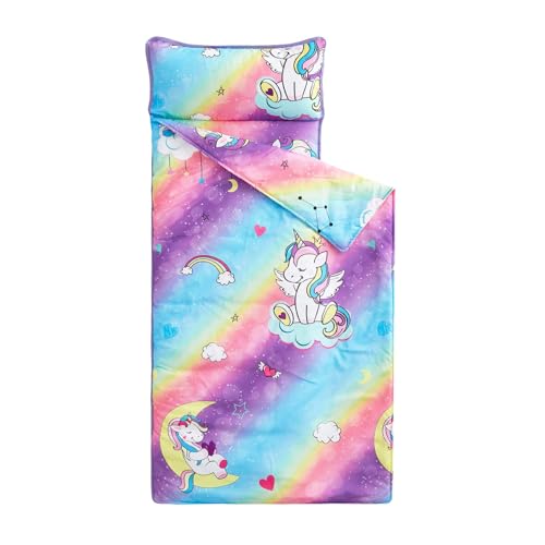 Wake In Cloud - Toddler Nap Mat with Pillow and Blanket, Soft Cute Roll Up Sleeping Bag for Kids Boys Girls in Daycare Preschool, Unicorn Purple Blue, Standard