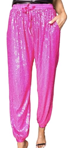 Women's Pink High Waist Sequin Joggers - Pants & Capris