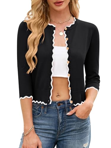 Spring Summer 2026 Women's Scalloped Knit Cardigan Sweaters  Sleeve Crop Crewneck Button Down Shrug - image 8