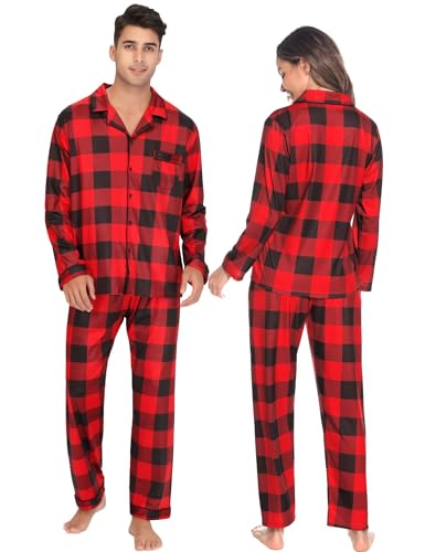 Christmas Family Matching Pajamas Set Couples Button Down Sleepwear Loungewear Long Sleeve Plaid Pjs Lounge Set (Men A- Red and Black Lattice Large)4