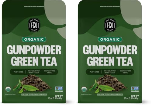 FGO Organic Gunpowder Green Tea, Loose Leaf, 453g Bulk Resealable Bag, Packaging May Vary (Pack of 2)
