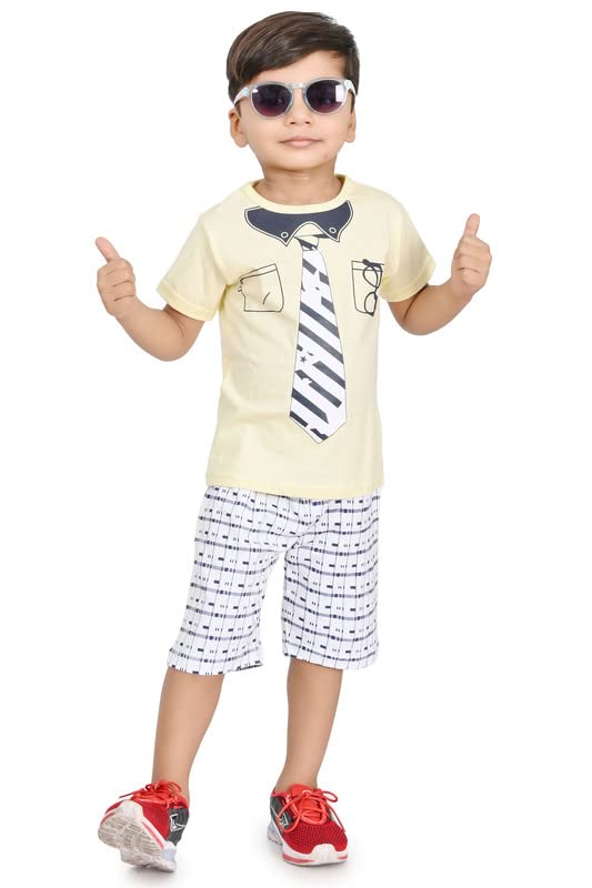 NIL CREATIONBoys Cotton Regular Fit Half Sleeve Tie Print Tshirt and Shorts Set (Light Yellow, 1-2 Years)