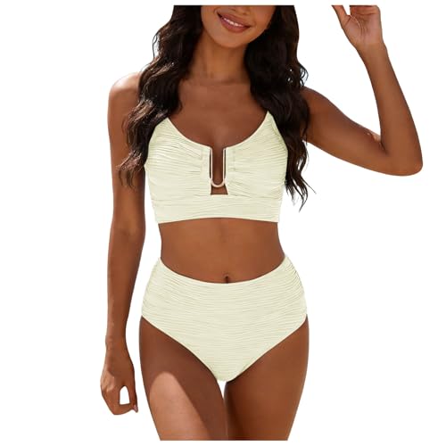 Bikini de Cintura Alta para Mujer, Traje de baño Sexy Dos Piezas con Efecto Push up, Estilo con Fruncido Retro y Estampado Cintura Alta. (Beige, XL)
