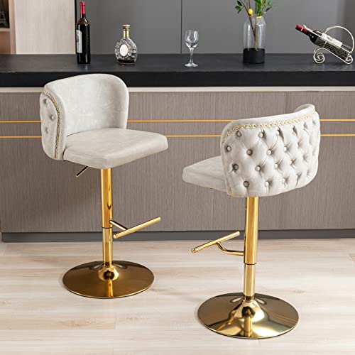 Set de 2 Butacos Deolme de Cuero con Giro 360°, Ajustable en Altura, Piernas de Metal Dorado, Tapizado Beige Crema miniatura 3