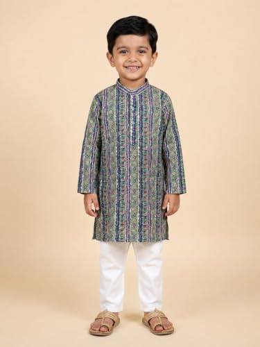 Image of The Mom Store Boys Printed Cotton Kurta Pajama Set With Jacket | Soft And Comfortable Ethnic Wear For Baby /Kids Boys | Full Sleeves Kurta Pyjama Set | Traditional Indian Outfit
