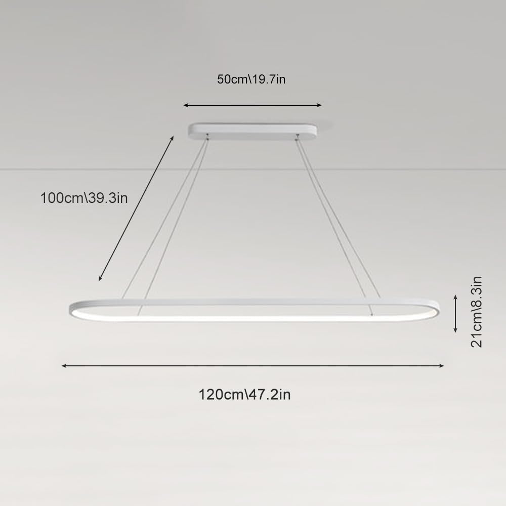 Lustre LED long à bande, suspension en métal en forme d'anneau, style moderne et simple, hauteur réglable, blanc - 120 cm, 3 couleurs. Idéal pour salle à manger, bar, îlot de cuisine ou salon.