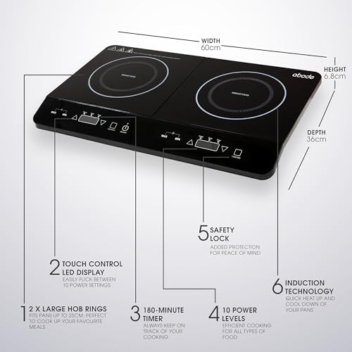 Abode Double Induction Hob Portable Digital Touch Control 2800W Double Electric Hob with 2 Cooking Zones, Plug In & Go, 10 Heat Settings 3 Hour Timer Black, Child Safety Lock AINDH2003 - Image 4