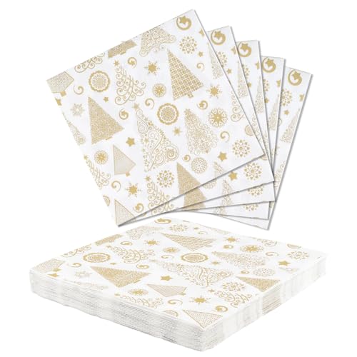 Yiran 2 servilletas de fiesta de Navidad, servilletas de árbol de Navidad doradas de 33 x 33 cm, servilletas de cóctel, servilletas de cena, servilletas de papel suave, vajilla desechable para fiesta