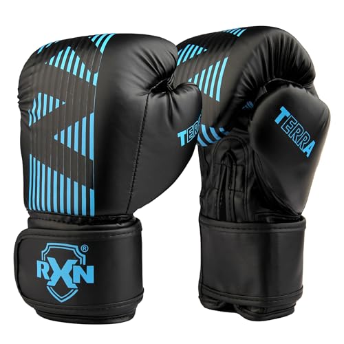 Image of RXN Terra Boxing Gloves, Pro Training & Sparring (Black /Blue, 14oz) | High-Density Foam Padding | Shock Absorption | Attached Thumb | Enhanced Hand Protection