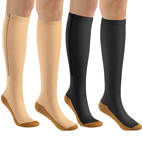 Image of bropite Zipper Compression Socks Women & Men|15-20mmHg closed Toe knee high | 2Pairs Calf Knee High 15-20mmHg closed Toe Compression Stocking suit for Walking Recovery, Pregnant, Nurse