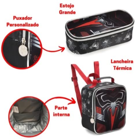 Kit Mochila Homem Aranha Dark Rodinhas - Spider Man Mochila Estojo Lancheira