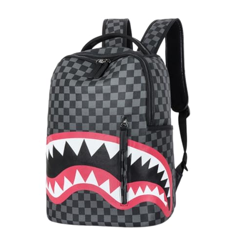 KUKUCAT SHARPBACK Large Capacity Street Trend Shark Bag Men's Backpack Travel Bag (Lattice)