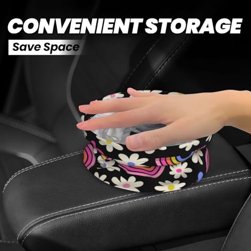 Image of Car Trash Bag Rainbow and Flowers Waterproof Trash Small Car Can Portable Collapsible Car Garbage Can Hanging for Back Seat Floor or Hanging Headrest Car Decor Road Trip Essentials