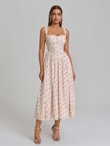 Image of KUTUMAI Floral Corset Midi Dress Flowy Slit Summer Spring Wedding Guest Dresses for Women Sundress with Pockets