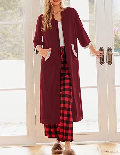 Image of Ekouaer Women Zipper Robe 3 /4 Sleeves Loungewear Dress Full Length Sleepwear Pockets Housecoat Nightgown Long Bathrobe