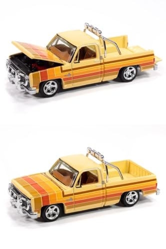 Auto World 1981 Chevy Silverado Fleetside Lowered Custom Cream with Stripes Muscle Trucks Series 1/64 Diecast Model Car AWSP191