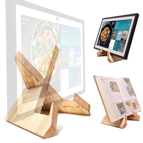 HOOKMEMO Solid Wood Tablet Computer Stands Compatible for echoshow 15 Echo Show 21 Support Both Horizontal and Vertical Modes.Cookbook Stand for Kitchen Rustic Cook Book Holder Stand.(Light Brown)