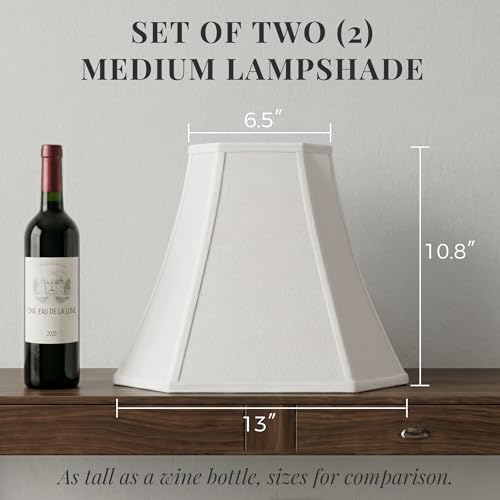 Image of Lamp Shades Set of 2, Includes Harps, White Medium Lampshades (6.5 inchx13 inchx10.8 inch), Classic Square Cut Corner Fabric Replacement Shade with Spider Fitter for Table Lamps, Classic Home Decor