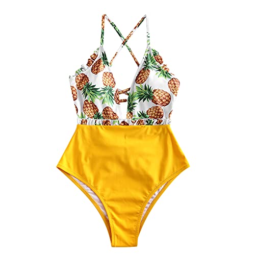 ZAFUL Traje de baño de piña con encaje y cintura alta tropical para mujer, amarillo, S