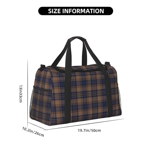 Brown Blue Tartan Plaid Lightweight Travel Duffle Bag – Spacious Overnight Bag With Mesh Side Pockets, Adjustable Strap & Reinforced Design3