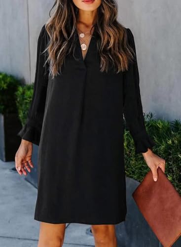 QACOHU Fall Dresses for Women 2025 Casual V Neck Long Sleeves Flowy Mini Tunic Dress3