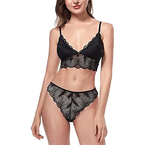 LINGERLOVE Women Sexy Lingerie Bra and Panty Set 2 Piece Lace Underwear Bralette Top with Removable Padded Black Cover