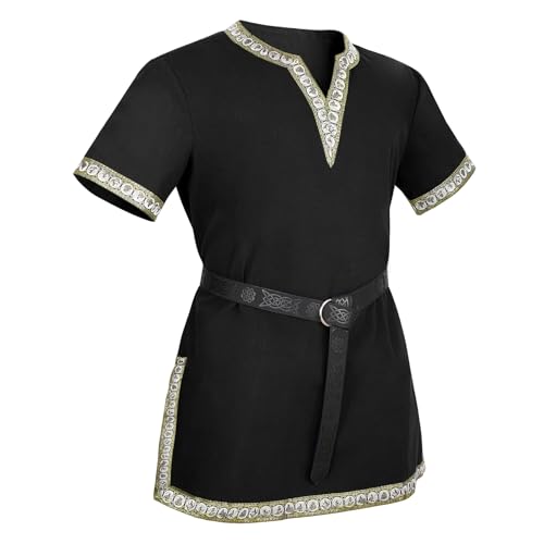 VONMELLI Fantasia medieval para homem, camisas, renascimento, vintage, túnica, cavalheiro viking, pirata, Halloween, cosplay, preto, com cinto medieval, XL