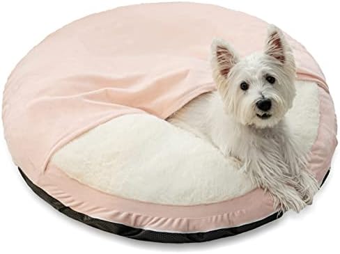 Patas Lague Round Calming Dog Bed with Hooded Blanket for Medium Dogs 30x4 Inch, Pet Cat Cuddler Cave Bed with Removable Washable Cover, Anti-Slip Bottom, Pink