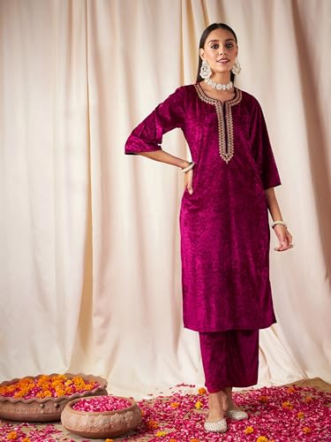 Image of Women's Velvet Floral Embroidered Straight Kurta | Round Neck Three-Quarter Sleeve Calf Length Kurti with Thread Work