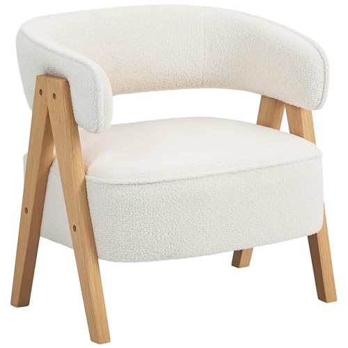 HOMCOM Fauteuil de Salon en Tissu Bouclette, Chaise rembourrée, Assise Large, Dossier Ergonomique, accoudoirs, Pieds en Bois Massif et Structure en Acier, Fauteuil de Chambre, Salon, Bureau, Blanc