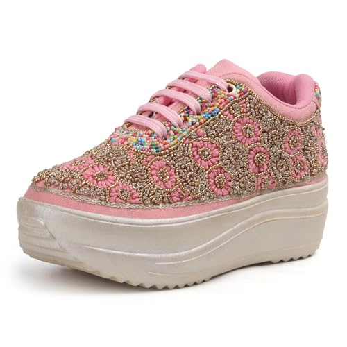 Image of Vendoz Women Hand Embroidery Wedding Party Bridal Floral High Heel Sneakers I Cushioned Insole I Comfortable Wear Wedge Shoes I for Ladies and Girls