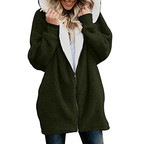 Image of GUOCU Women Cardigan Hoodie Fluffly Sweater Jumper Coat Warm Cozy Outwear Long Sleeve Full Zip Jackets with Pockets,Army Green,M