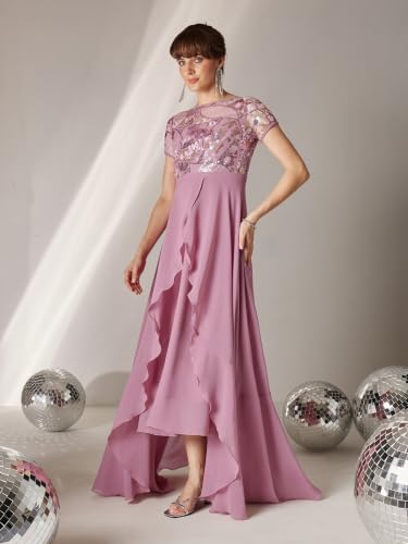 Image of Miss Chase Women's Round Neck Short Sleeve Floral Layered Georgette Midi Dress