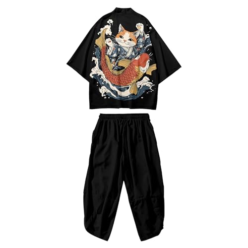 Image of DOSLAVIDA Men's Japanese Kimono Cardigan Suit Chinese Style Printed Jacket Pants Set Open Front Seven Sleeve Top & Shorts