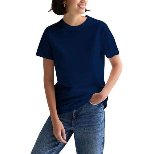 100% Cotton Women's Navy Blue Short Sleeve Crew Neck T-Shirt, Regular Fit Casual T Shirt Tops, Basic Tees, Tshirt, Tshirt