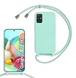 SLWYF Funda Silicona Líquida con Cuerda para Samsung Galaxy A71 5G, Carcasa Suave Silicona Case con Correa Colgante Ajustable Collar Correa de Cuello Cadena Cordón- Menta Verde