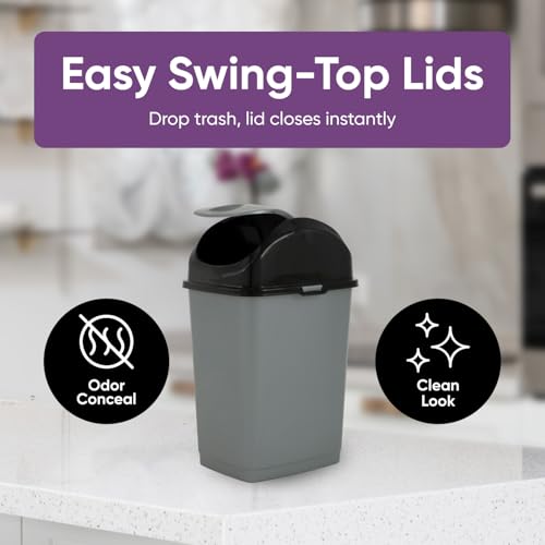 Image of Superio Mini 1.25 Gallon and Small 2.5 Gallon Plastic Trash Cans with Swing Top Lid, Grey Waste Bin for Countertop, Desk, Vanity, Bathroom, 2 Pack (Grey /Black)