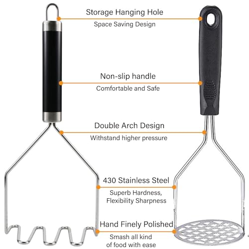 2PCS Potato Masher,Stainless Steel Mashed Potatoes Masher,Integrated Masher Kitchen Tool for Avocado, Potatoes, Berries, Meat, Vegetables, 10.24inch - Thumbnail 3