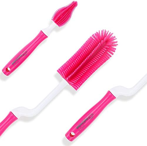 PETINUBE Baby Bottle Cleaning Brush, Soft Brush Baby Bottle Cleaner, Silicone Brush for Bottles and Cups, Suitable for Cleaning All Bottle Types, Silicone Bottle Brush with Long Handle (Pink, Set)