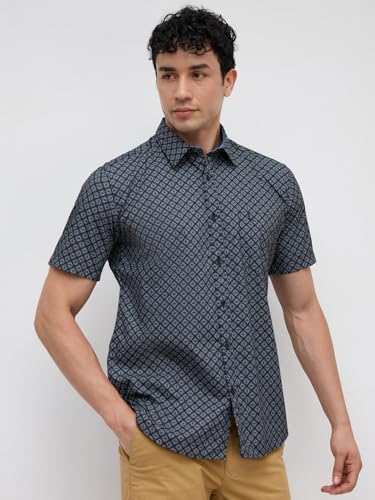 Image of Parx Men Slim Fit Print Pattern Pure Cotton Semi Cutaway Collar Half Sleeve Casual Shirt
