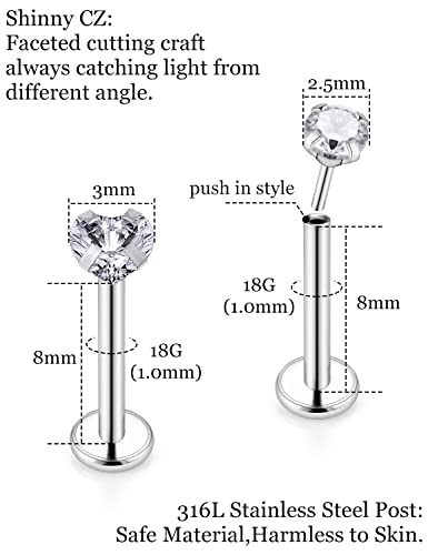 Threadless Noses Rings/Flat Back Earrings, 20G 18G 5/16in, 8Pairs Surgical Steel Piercing Jewelry for Women Men.3