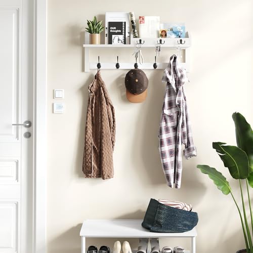Image of AMBIRD Wall Hooks with Shelf, 26.57 Inch Entryway Wood Coat Hooks for Wall, Coat Rack Wall Mount with 5 Dual Hooks 3 Key Hooks Mail Organizer and Key Rack Holder (White)