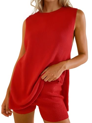 Women Summer 2 Piece Sweater Sets Casual Crew Neck Sleeveless Knit Tank Top Mini Shorts Lounge Set Solid Beach Outfit